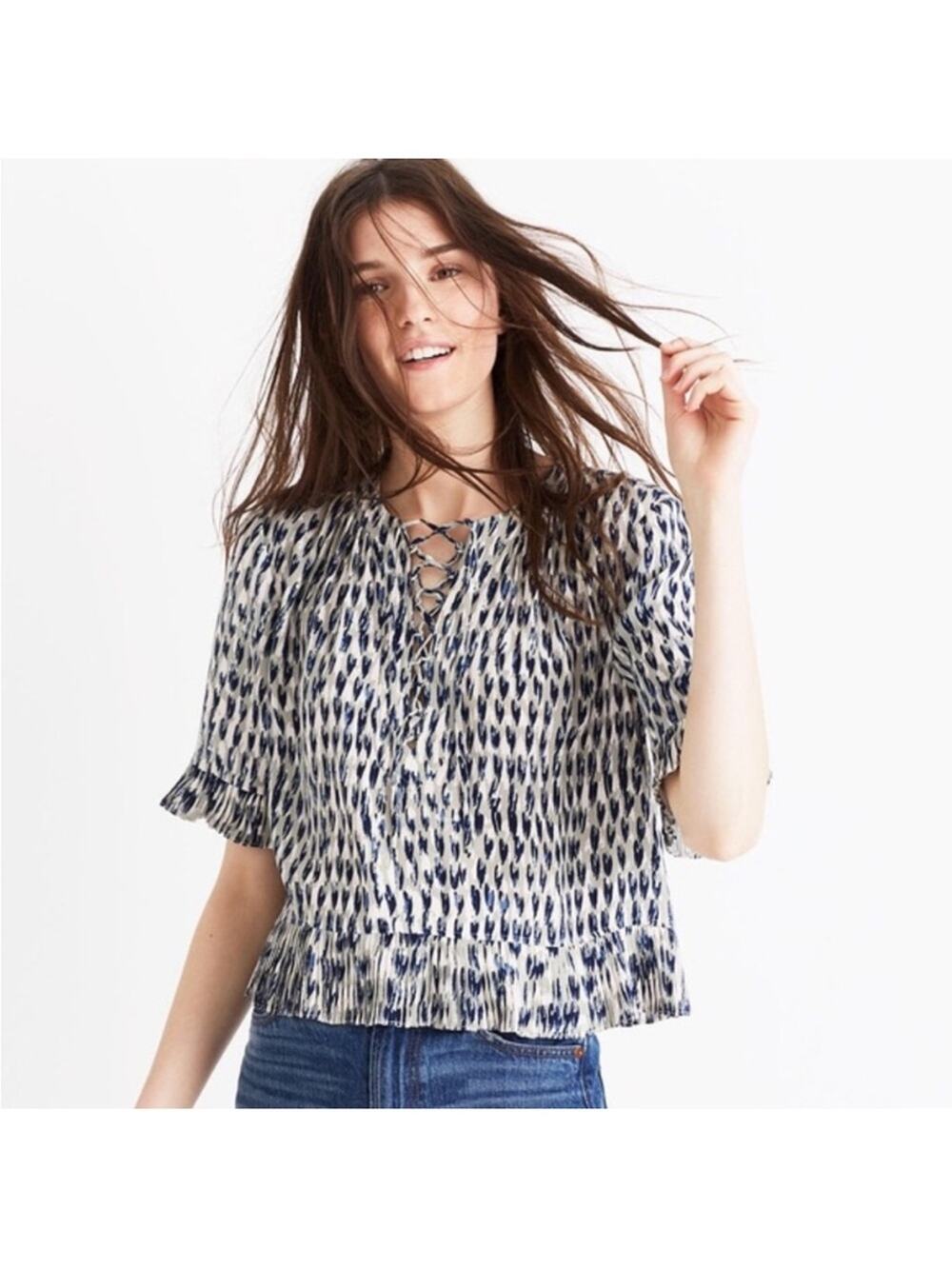 Madewell Navy and Ivory Lace-Up Printed Blouse